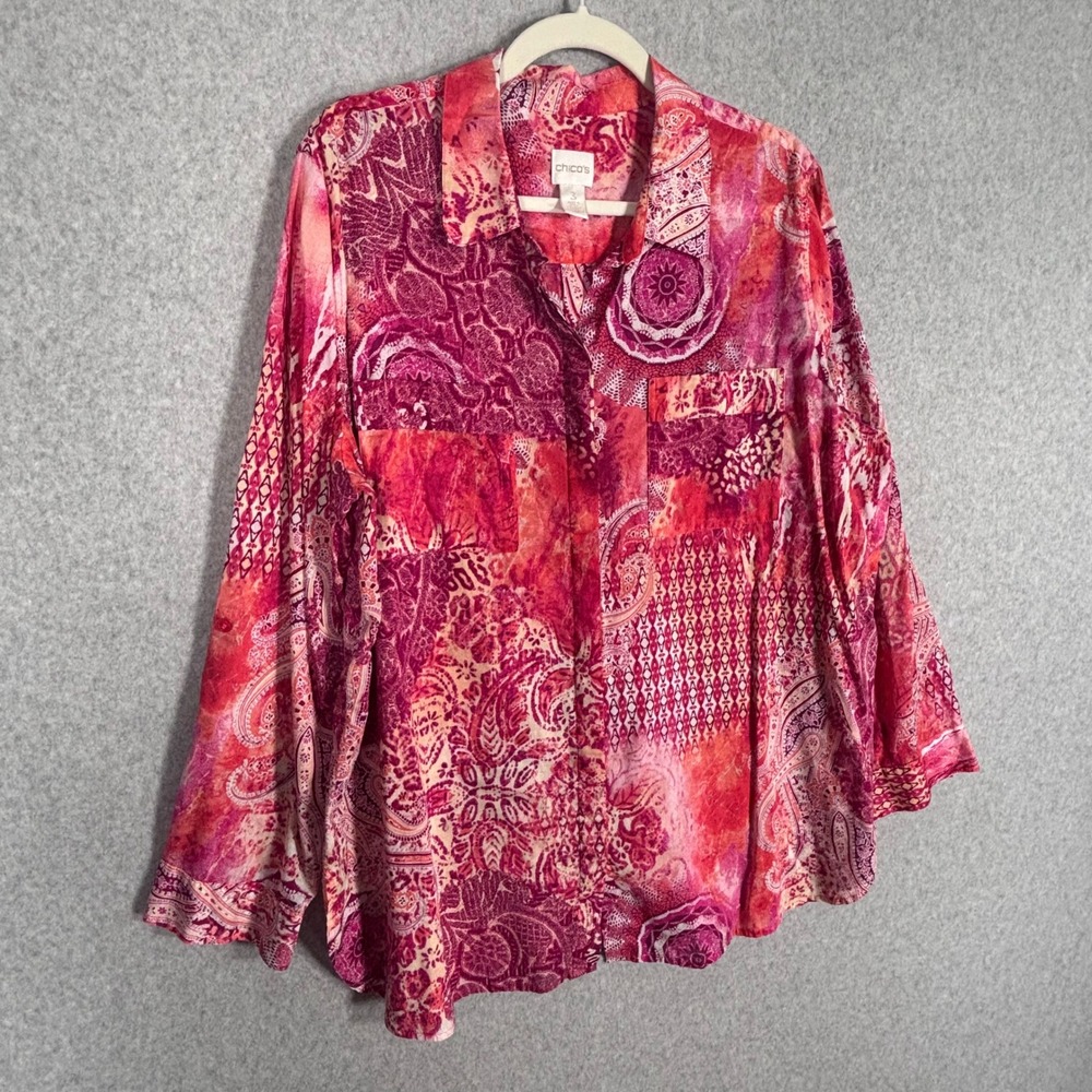 Chicos Paisley Patchwork Tunic Button Blouse Shirt 3 XL Pink Cotton Thin Artsy